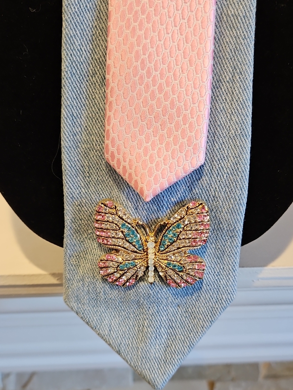 Custom Made Pastel Pink & Light Blue Denim Butterfly Necktie Nrcklace - Picture 3 of 6